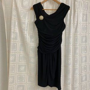 ELEGANT Little BLACK DRESS~RUCHED Upper Body~ASSYMETRIC Hem CRYSTAL BROOCH 8 -12